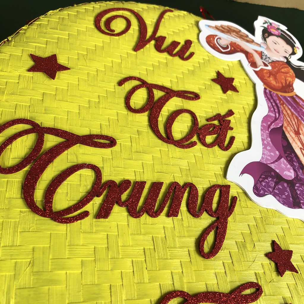 Mẹt tre trang trí Vui Tết Trung Thu cùng chị Hằng Nga dưới ánh trăng tròn đường kính 60cm chữ xốp nổi phủ nhũ lấp lánh