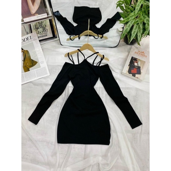 Đầm body gân dây kiểu ôm tay dài trễ vai cổ yếm sexy | BigBuy360 - bigbuy360.vn