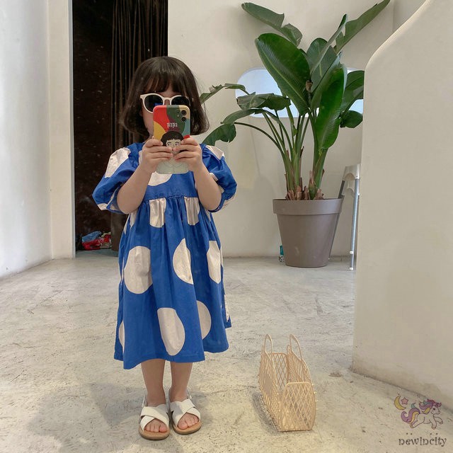 Đầm Công Chúa Cổ Tròn Họa Tiết Chấm Bi Phong Cách Hàn Quốc Đáng Yêu Cho Bé Gái