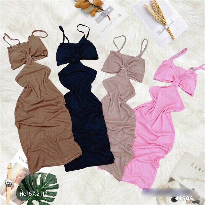 H1-đầm maxi thun body 2 dây khoét eo, có mút, dưới 55kg