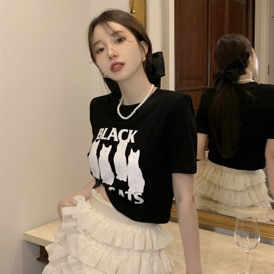 Áo Thun Dệt Kim Ngắn Tay Hở Eo In Họa Tiết Dễ Thương