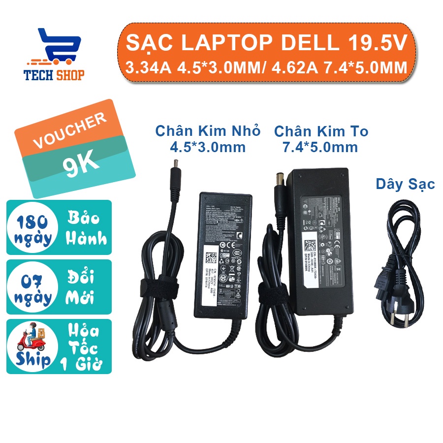 Sạc laptop Dell chân kim nhỏ/ chân kim to công suất 19.5V - 3.34A 65w / 19.5V - 4.62A 90W LOẠI TỐT