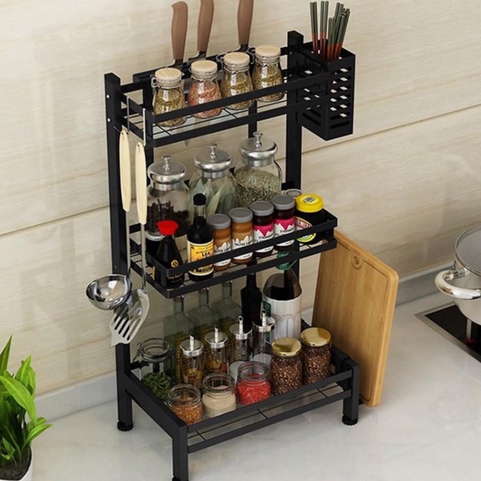Kệ Gia Vị INOX sơn tĩnh điện chống rỉ Cao Cấp 2, 3 tầng bản Đầy đủ phụ kiện