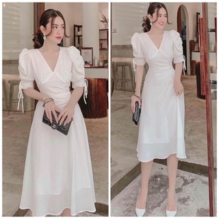 Đầm trắng tay rút nhúng eo