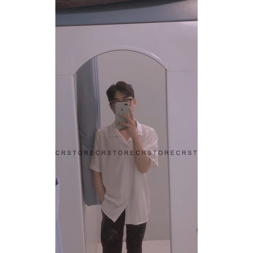 Áo Sơ Mi Tay Lỡ Cổ Vest CR MEN trắng đen unisex nam nữ trơn vải lụa mềm | BigBuy360 - bigbuy360.vn