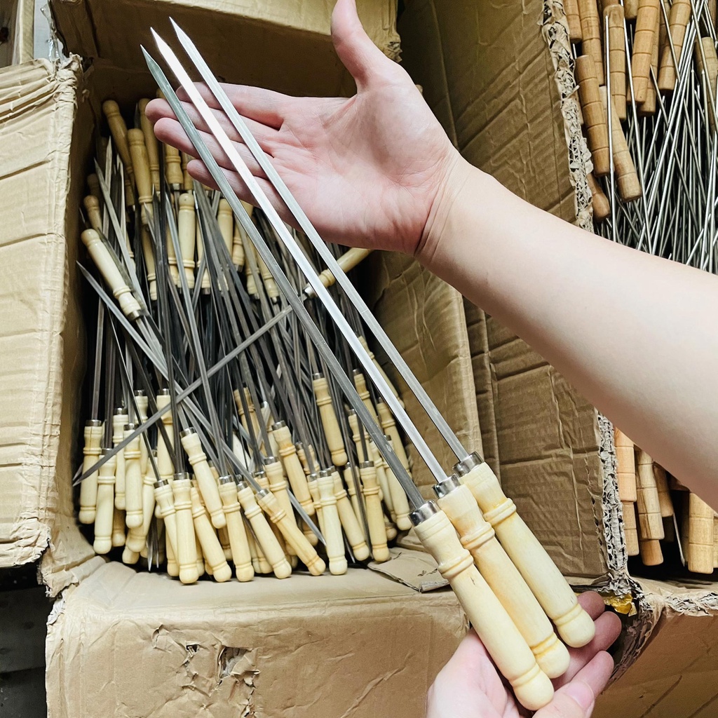 Xiên nướng thịt Inox, Xiên Inox chuôi gỗ, Que xiên nướng thịt  - Model: XN38