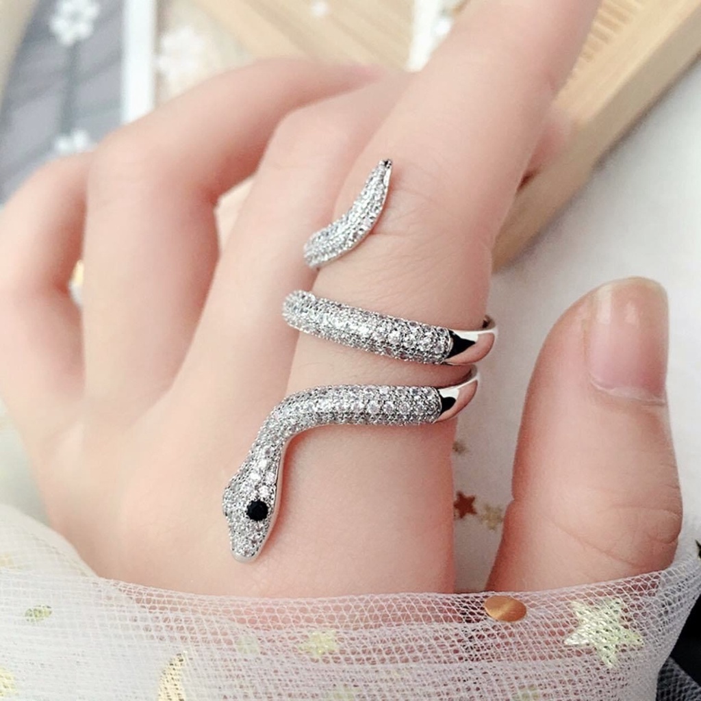 Nhẫn hình rắn chất liệu bạc ta cho nữ, Nhẫn bạc kiểu hở free size phong cách độc lạ cá tính