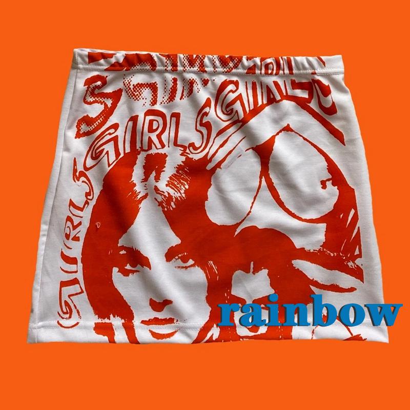 Chân váy ngắn lưng thấp in họa tiết cầu vồng màu cam / trắng phong cách thời trang cho nữ