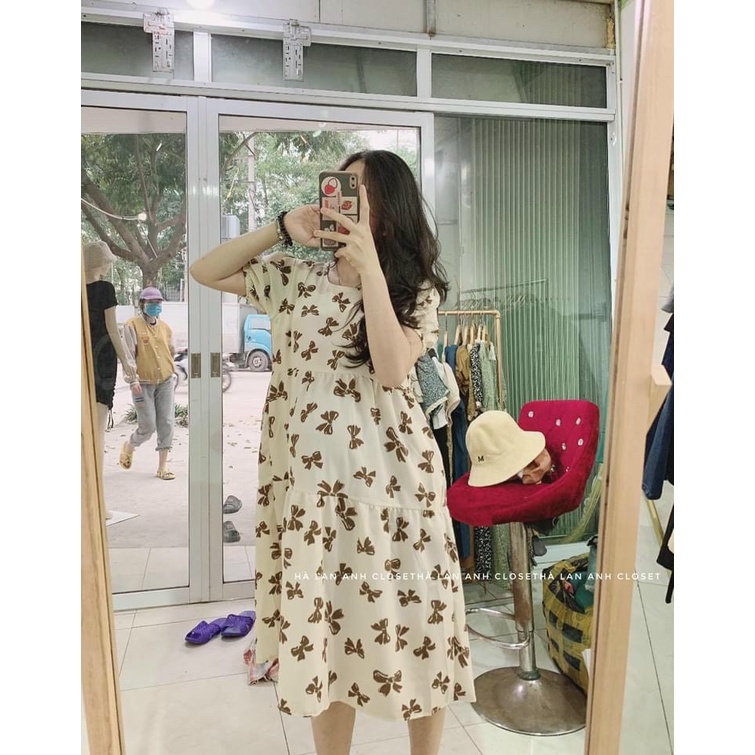 Váy bầu babydoll , đầm bầu họa tiết nơ xinh xắn đáng yêu và sang chảnh