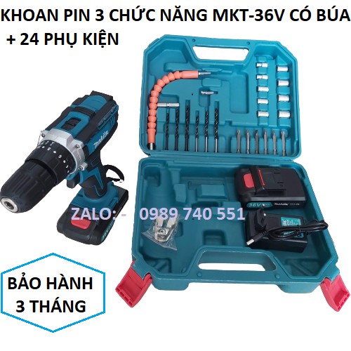 Máy khoan pin 3 chức năng có búa và 24 phụ kiện