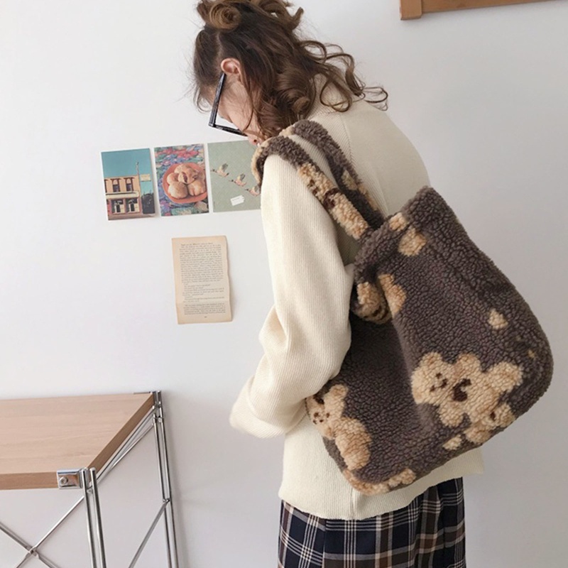 Túi Xách Đeo Vai Vải Canvas Thêu Hình Gấu Dễ Thương Cho Nữ