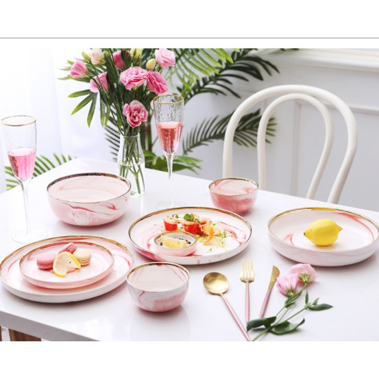 (BÁN THEO SET) SET CHÉN ĐĨA MÀU LOANG MÀU HỒNG GỐM SỨ TRÁNG MEN VÂN ĐÁ PHONG CÁCH TỐI GIẢN BẮC ÂU (hàng order)