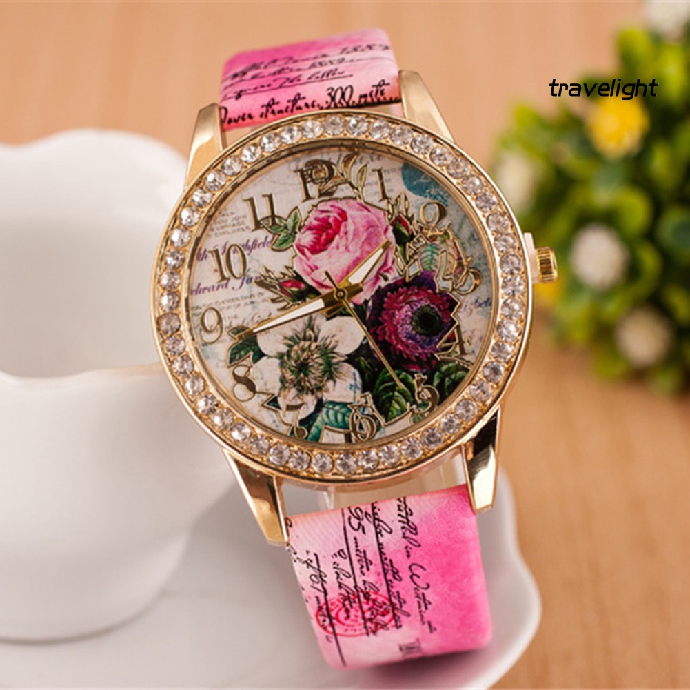 Đồng Hồ MặT TròN ĐíNh Đá HìNh Hoa Dây Đeo Giả Da ThờI Trang Cho Nữ