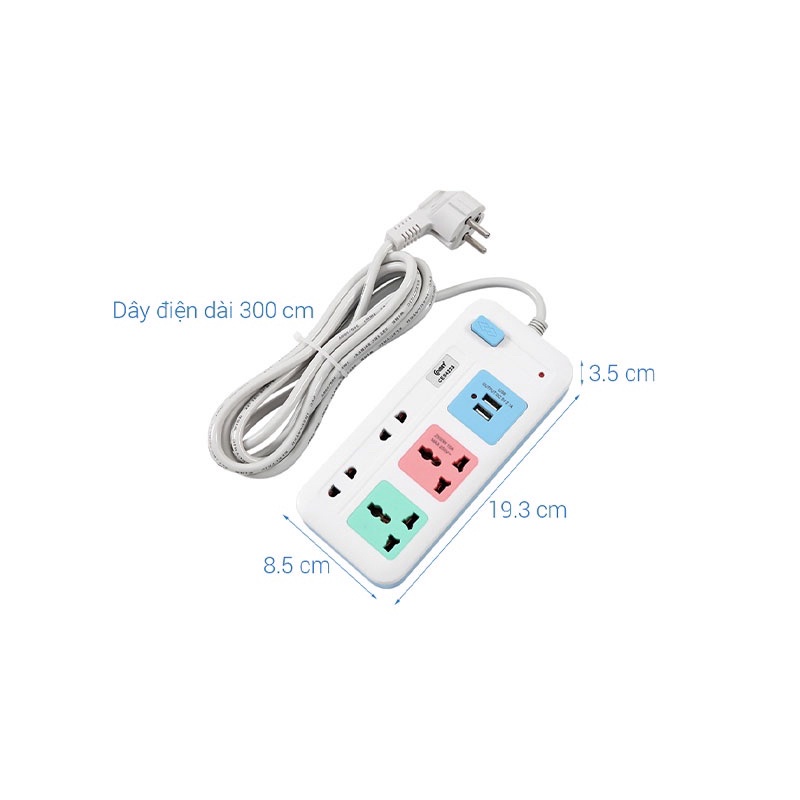 Ổ cắm điện 2 USB 4 lỗ 3m COMET CES4223