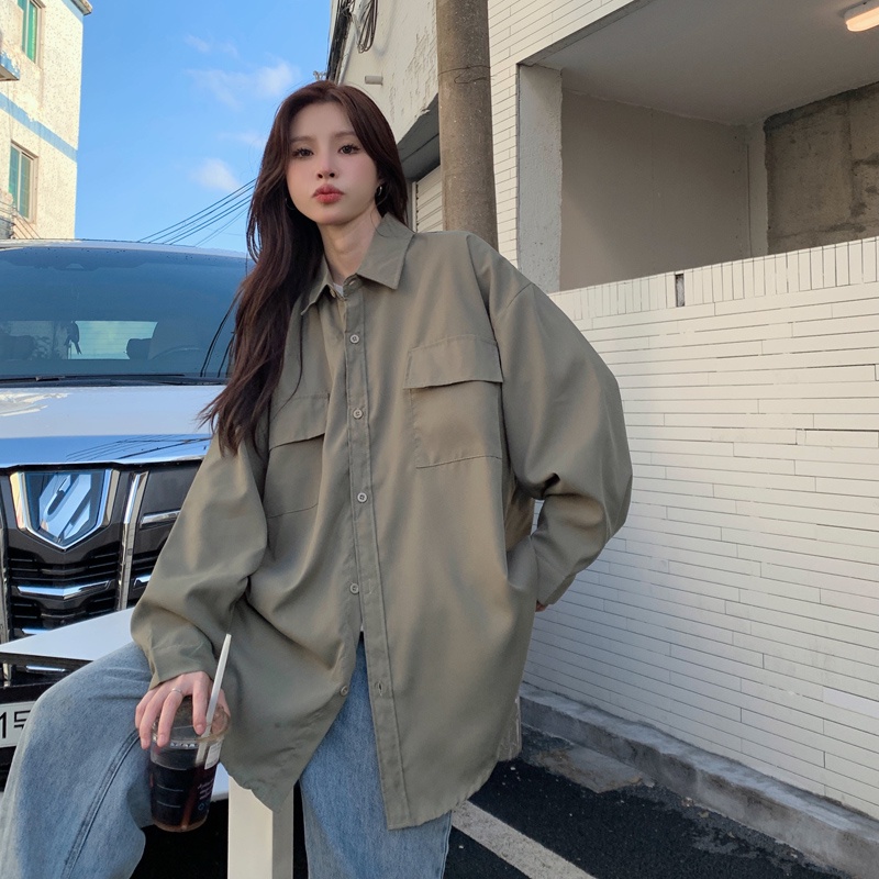 Áo Sơ Mi Nữ Tay Dài Oversize Màu Trơn Phong Cách Hàn Quốc