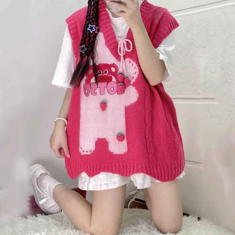 Áo Sweater Dệt Kim Không Tay Dáng Rộng Thêu Họa Tiết Gấu Và Dâu Tây Hoạt Hình Thời Trang Xuân Thu Cho Nữ