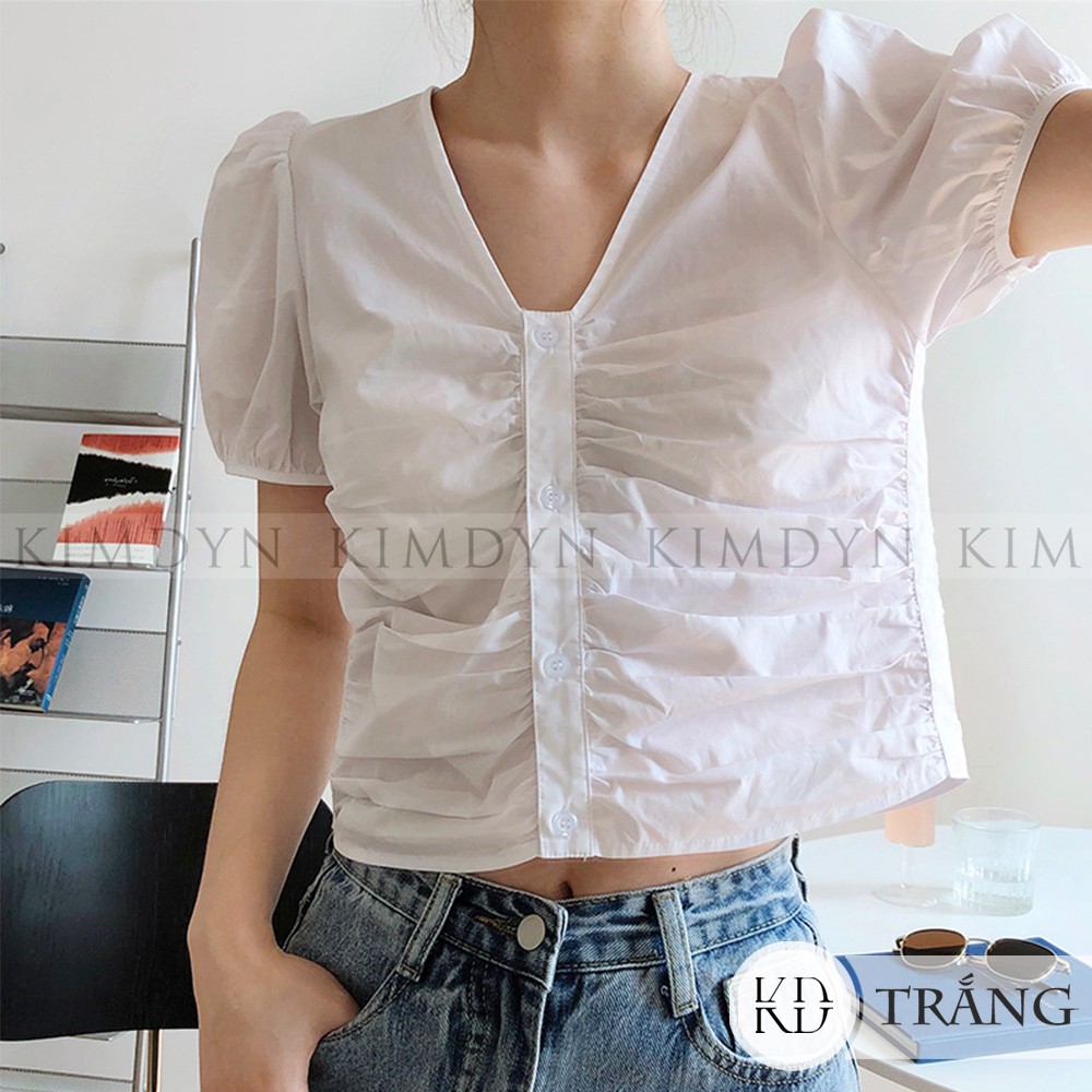 Áo croptop tay phồng Hàn Quốc áo sơ mi kiểu nhún 3 màu KimDyn