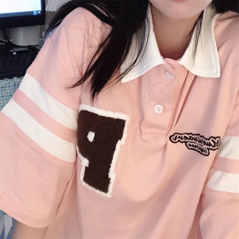 Jiashucheng Áo Thun Nữ Ngắn Tay Cổ Bẻ Form Rộng Phong Cách Hàn Quốc Mới