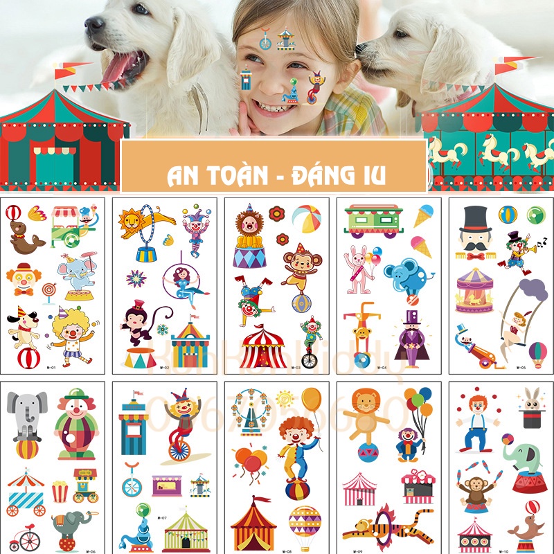 Hình xăm tatoo sticker RẠP XIẾC dán chống thấm nước cho bé sáng tạo vui chơi an toàn
