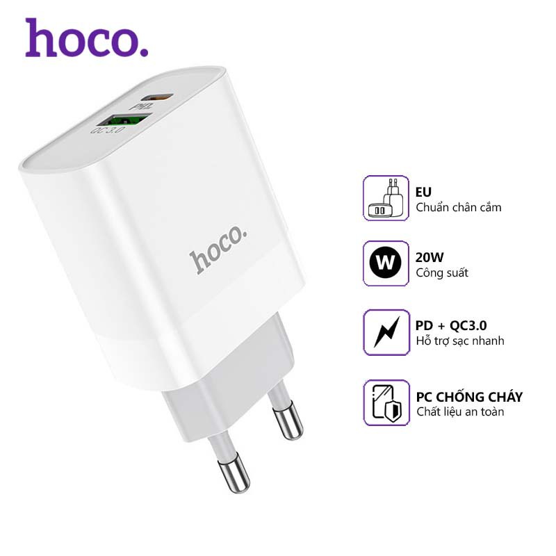 Cốc sạc nhanh IP18W có 2 cổng sạc USB và Type C Hoco C80A hỗ trợ QC3.0 PD