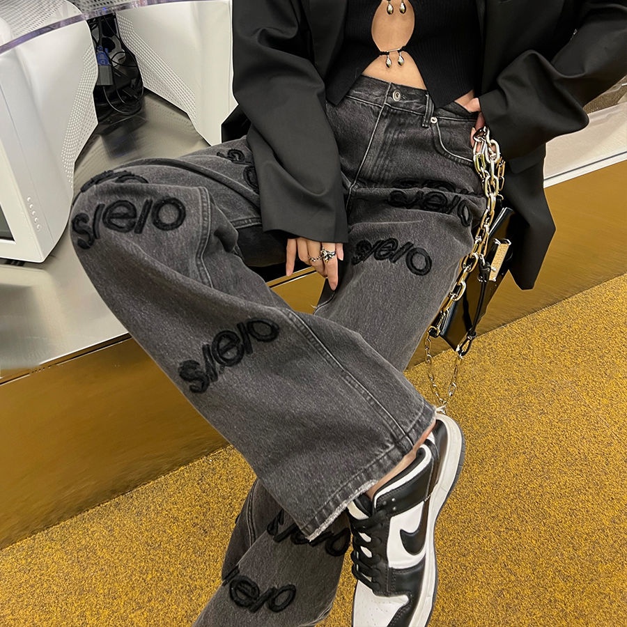 ❀Quần Jeans Đen Cạp Cao Ống Suông Thêu Chữ Quyến Rũ Thiết Kế Độc Đáo 2022 Cho Nữ
