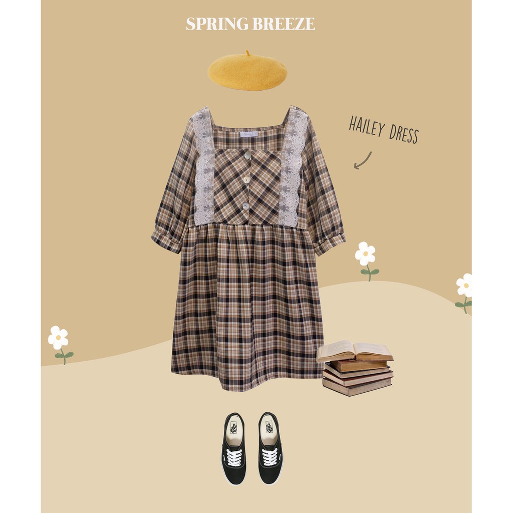 BLEUBIRD Váy suông caro dáng badydoll phối ren HAILEY DRESS