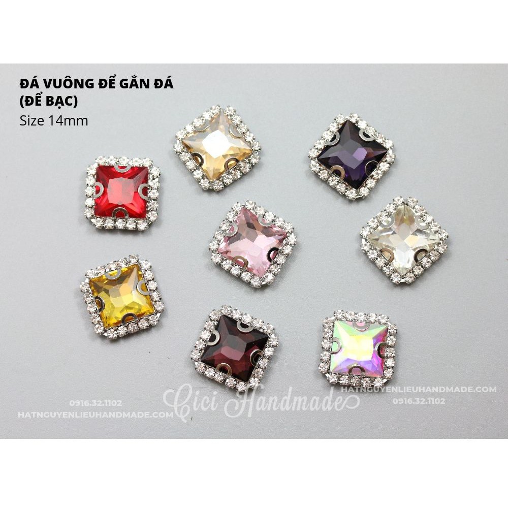 Hạt đá vuông đế vàng/đế bạc viền đá trắng size 10mm Handmade hạt cườm hạt đá trang trí nguyên liệu tự làm