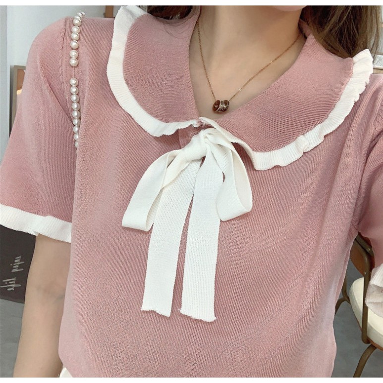 Áo len cột nơ viền trắng thanh lịch đơn giản cho bạn gái A112
