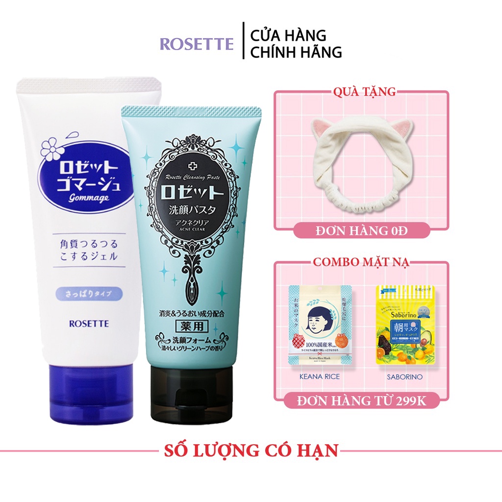 Bộ Sữa Rửa Mặt Làm Giảm Mụn Rosette Pasta Acne Clear 120g và Tẩy Tế Bào Chết Cho Mọi Loại Da Rosette Gommage 180g