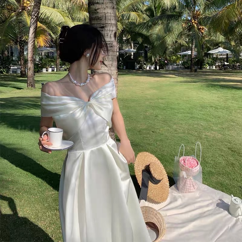 Đầm đi tiệc phi bóng bẹt vai dáng dài siêu đẹp kèm feedback thật