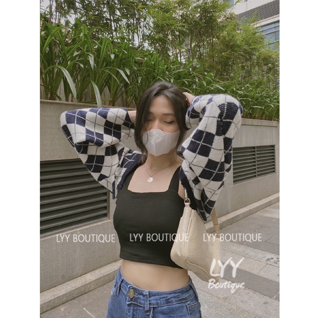 Áo cardigan len DÁNG ÁO CROPTOP họa tiết caro chất len Quảng Châu LYY BOUTIQUE