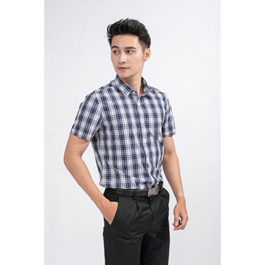 Áo sơ mi ngắn tay Aristino ASS003S9 màu trắng Caro xanh, slimfit, chất bamboo | BigBuy360 - bigbuy360.vn