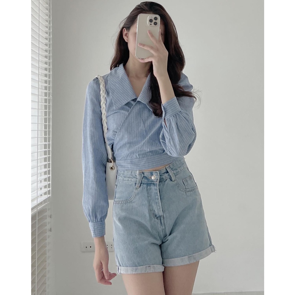 Áo sơ mi Hàn Quốc, Áo sơ mi kẻ sọc nhỏ buộc nơ eo tay bồng Ulzzang