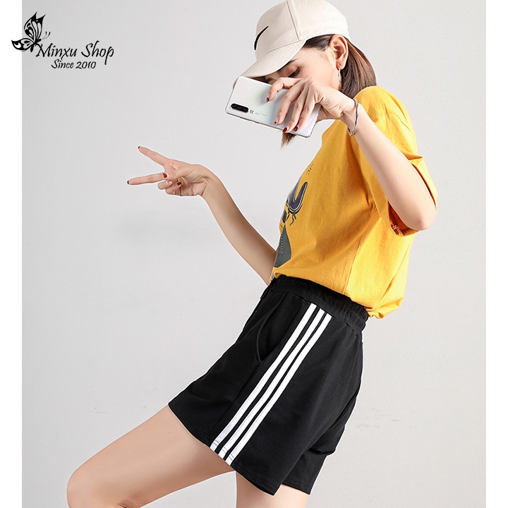 Quần đùi nữ 3 sọc chất Umi Hàn cao cấp, quần short Nữ mặc nhà kẻ sọc viền TÚI 2 BÊN trẻ trung Minxu Shop QS