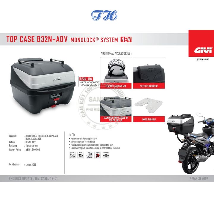 Thùng sau givi B32N-ADV 32 lít có lưới đựng tặng kèm đế hàng chính hãng bảo hành 2 năm