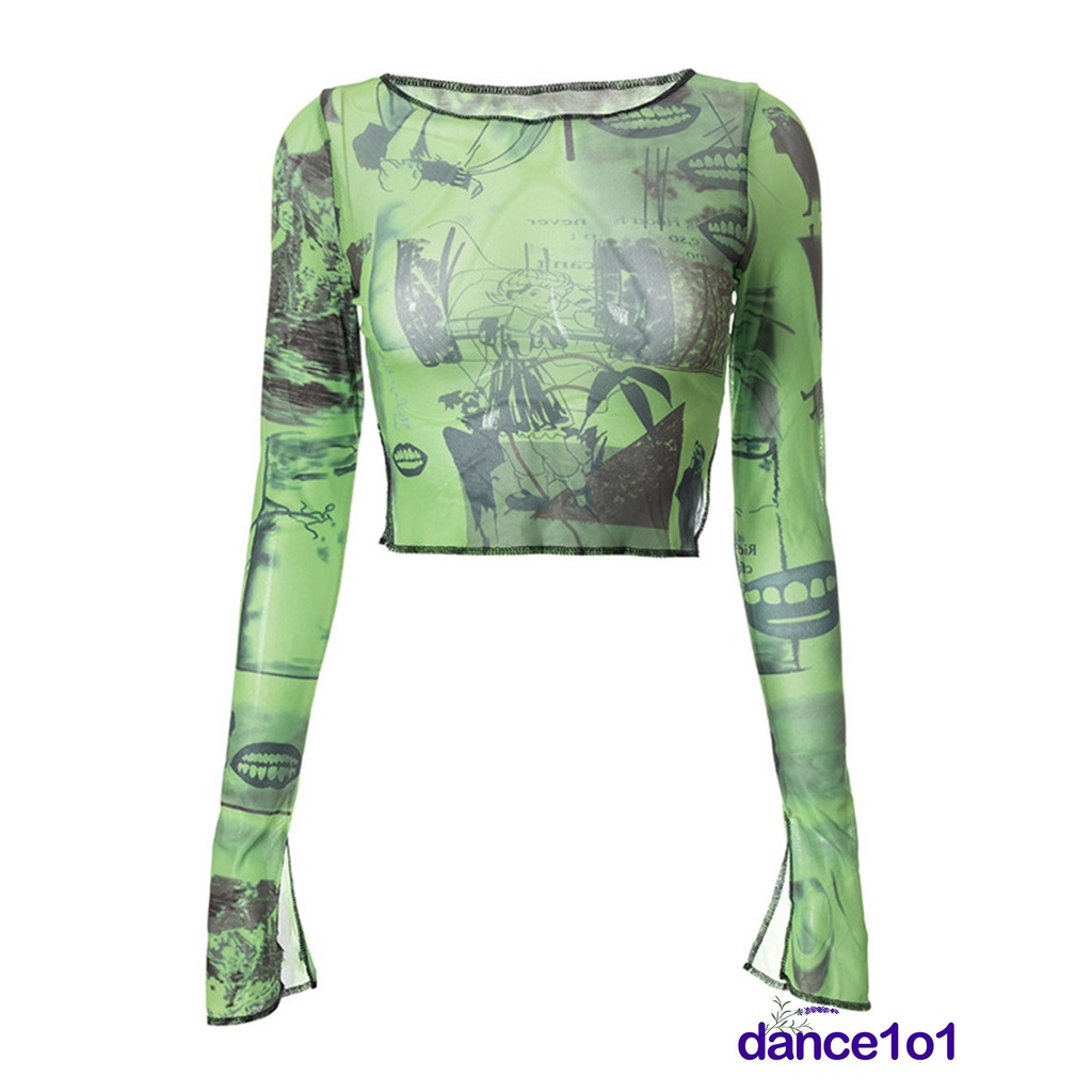 Áo Lưới Tay Dài Hở Rốn In Họa Tiết Thời Trang Cho Nữ Q7