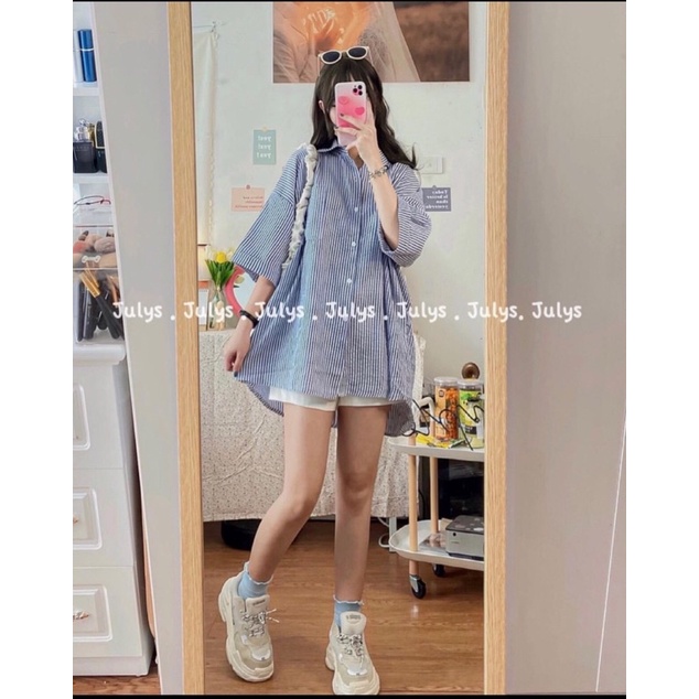 [SIEU SALE] Sơ mi kẻ tay lỡ cổ sơ mi 2 màu be-xanh (hàng có sẵn) | BigBuy360 - bigbuy360.vn