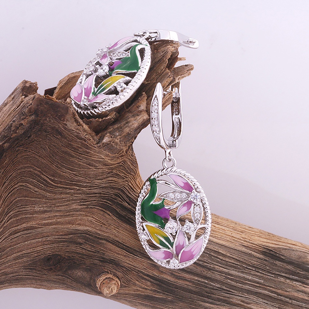 Đôi bông tai và vòng đeo cổ họa tiết hoa lá hình oval dễ thương cho nữ