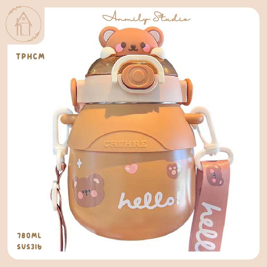 Bình giữ nhiệt cute ANMILY CUP 780ml  hình dáng dễ thương có ống hút kèm theo thép không rỉ SUS316 cao cấp