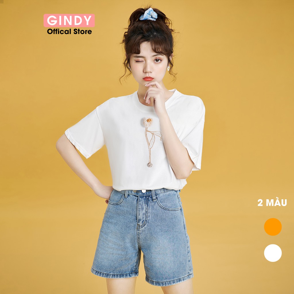 Áo phông unisex nữ cổ tròn GINDY in hình hoa tay lỡ dáng basic chất cotton co giãn, thoáng mát A049