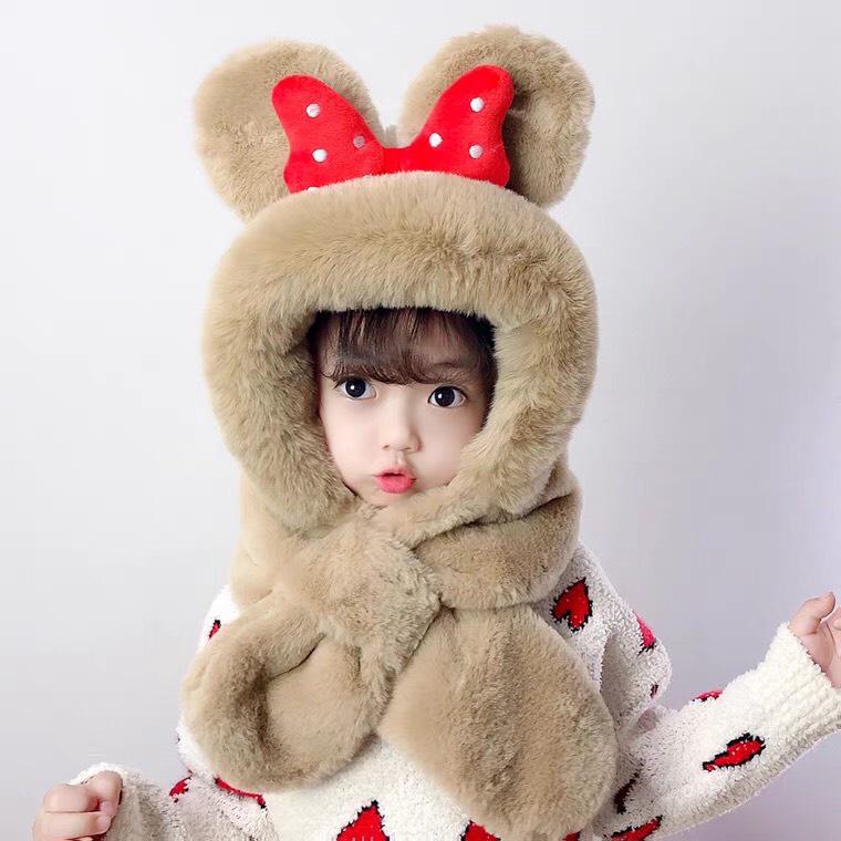 Mũ trùm đầu, mũ len kèm khăn choàng cổ hình nơ cho bé yêu