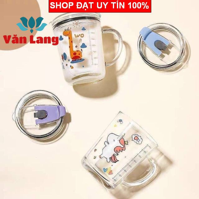 (Loại đẹp) Cốc thuỷ tinh 3in1 400ml có nắp đậy chống tràn, cốc pha sữa cho bé có chia vạch