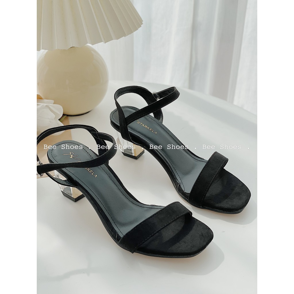 BEESHOES - SANDAL NỮ XỎ NGÓN MŨI TRÒN GÓT VUÔNG - SANDAL CAO 5 PHÂN QUAI DA LỘN MÀU ĐEN 210206