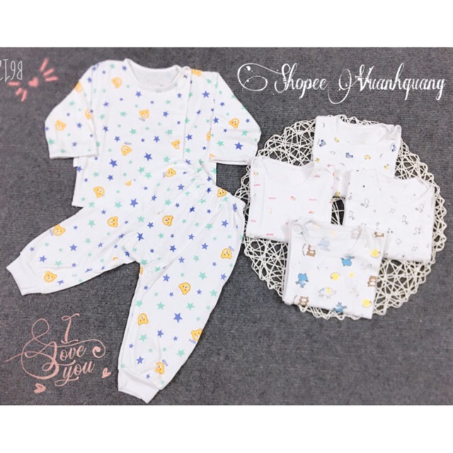 Bộ sơ sinh cotton BABY hè thu dài tay quần đáp đũng bo gấu cho bé 3-8kg