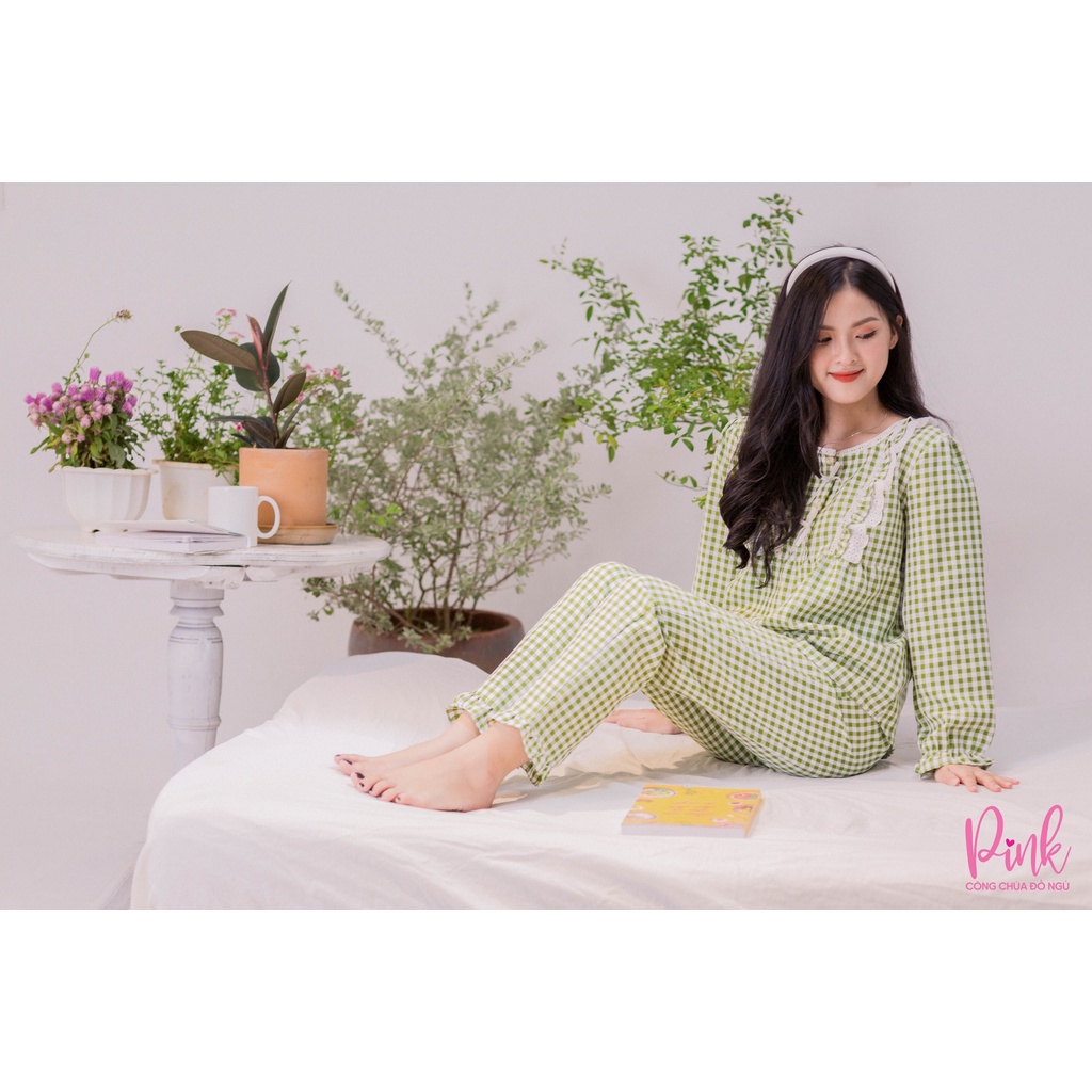 Bộ Ngủ Nữ Pijama Dài Tay Xanh Lục Caro Chất Vải Kate Ấm Siêu Mềm Mịn Đồ Nữ Mùa Đông Thời Trang Hàn Quốc Nữ Tính