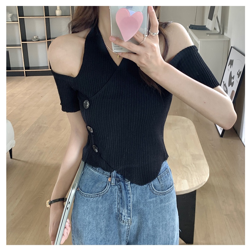 SUXI Áo Croptop Dệt Kim Tay Ngắn Cổ Chữ V Thiết Kế Trễ Vai Thời Trang Mùa Hè Mới Cho Nữ