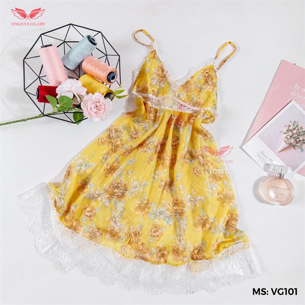 Váy ngủ đầm ngủ hai dây chất voan họa tiết hoa trắng sexy VG101 VNGO | BigBuy360 - bigbuy360.vn