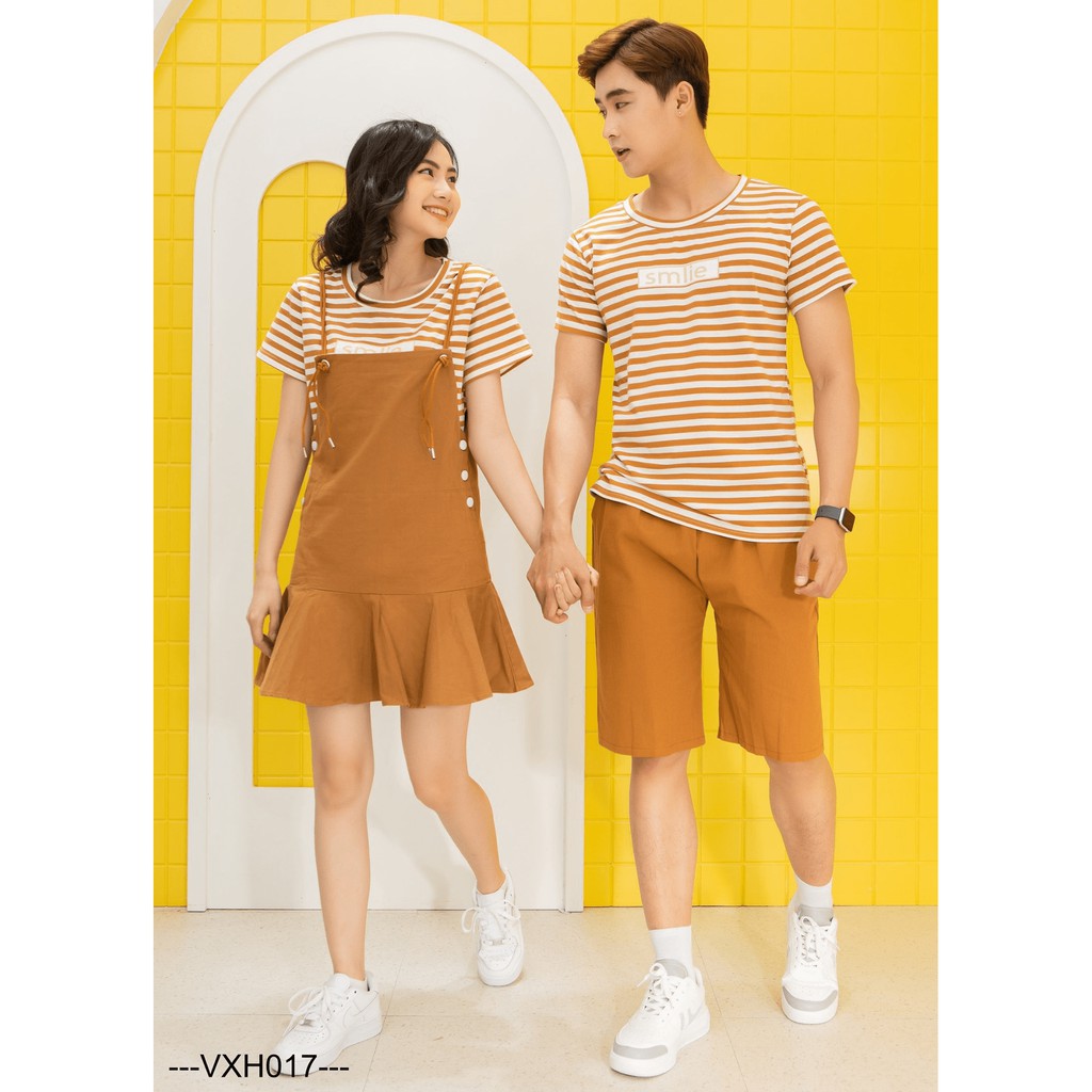 Set đôi nam nữ ❤️FREESHIP❤️ set áo cặp kẻ sọc kèm yếm và quần short kaki AT30 YAME Couple