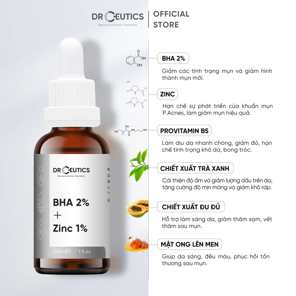 Serum BHA 2% + ZinC 1% DrCeutics Giảm Mụn Và Giảm Sưng Mụn