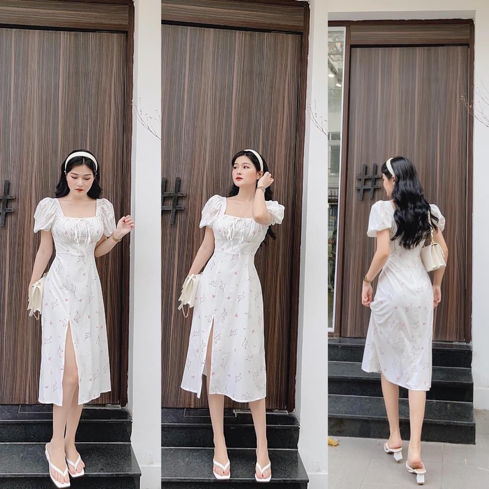 [Mã SKAMSALEP6 giảm 10% tối đa 100K đơn 150K] Đầm hoa trắng đỏ nhíu ngực xẻ đùi | BigBuy360 - bigbuy360.vn